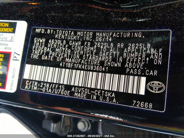 Photo 8 VIN: 4T1BF1FK4EU836041 - TOYOTA CAMRY 