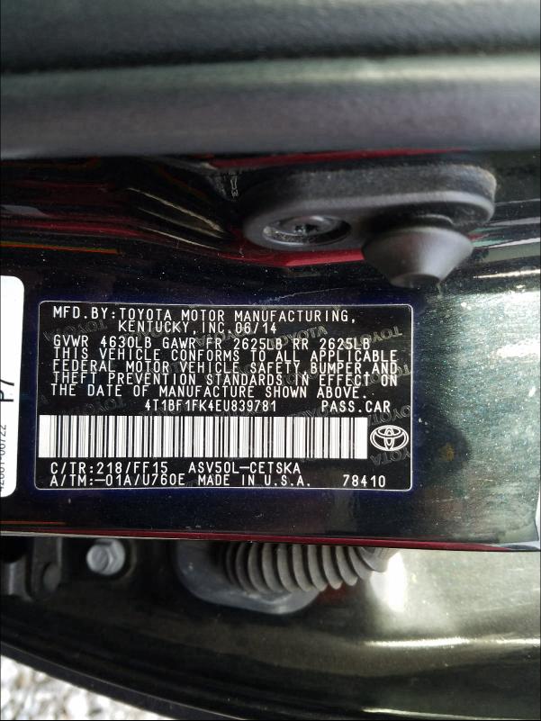 Photo 9 VIN: 4T1BF1FK4EU839781 - TOYOTA CAMRY L 