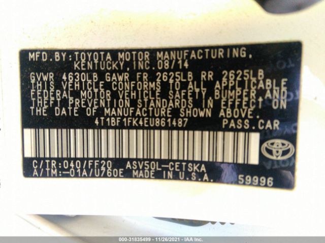 Photo 8 VIN: 4T1BF1FK4EU861487 - TOYOTA CAMRY 