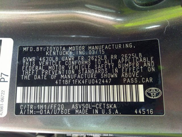 Photo 8 VIN: 4T1BF1FK4FU042447 - TOYOTA CAMRY 