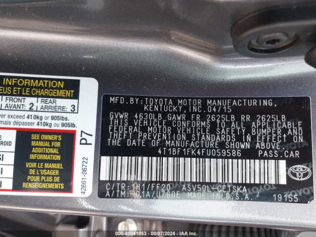 Photo 8 VIN: 4T1BF1FK4FU059586 - TOYOTA CAMRY 