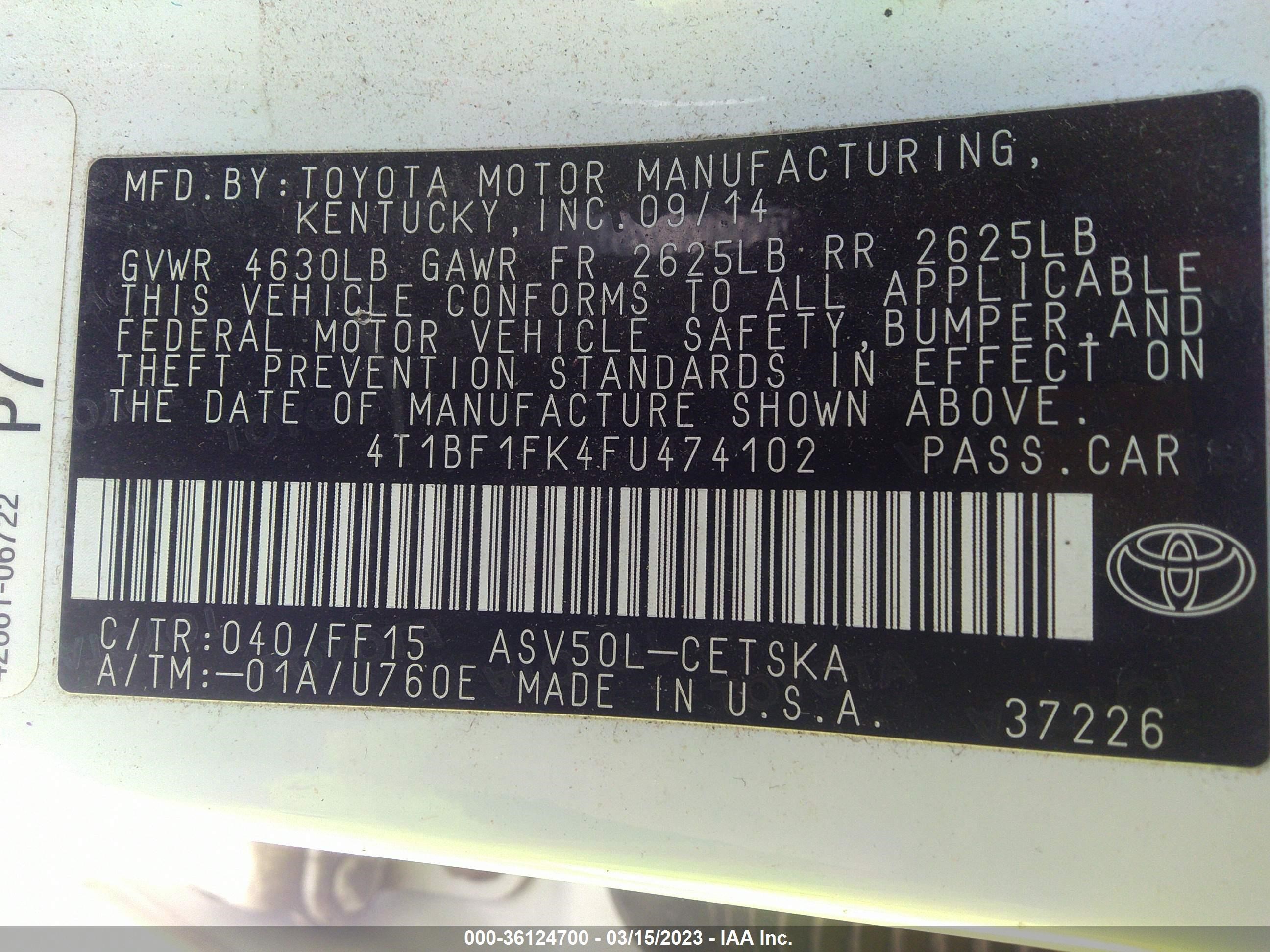 Photo 8 VIN: 4T1BF1FK4FU474102 - TOYOTA CAMRY 