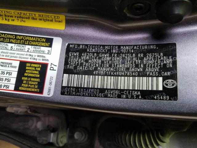 Photo 9 VIN: 4T1BF1FK4FU478540 - TOYOTA CAMRY LE 