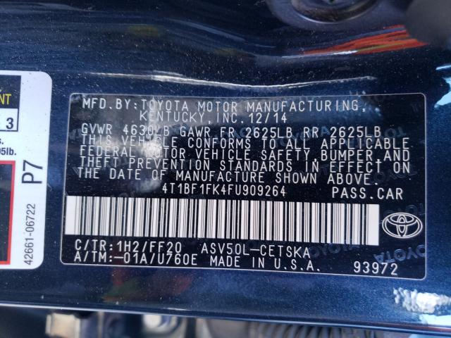 Photo 9 VIN: 4T1BF1FK4FU909264 - TOYOTA CAMRY LE 