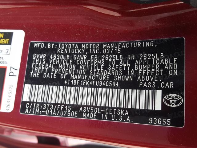 Photo 9 VIN: 4T1BF1FK4FU940594 - TOYOTA CAMRY LE 