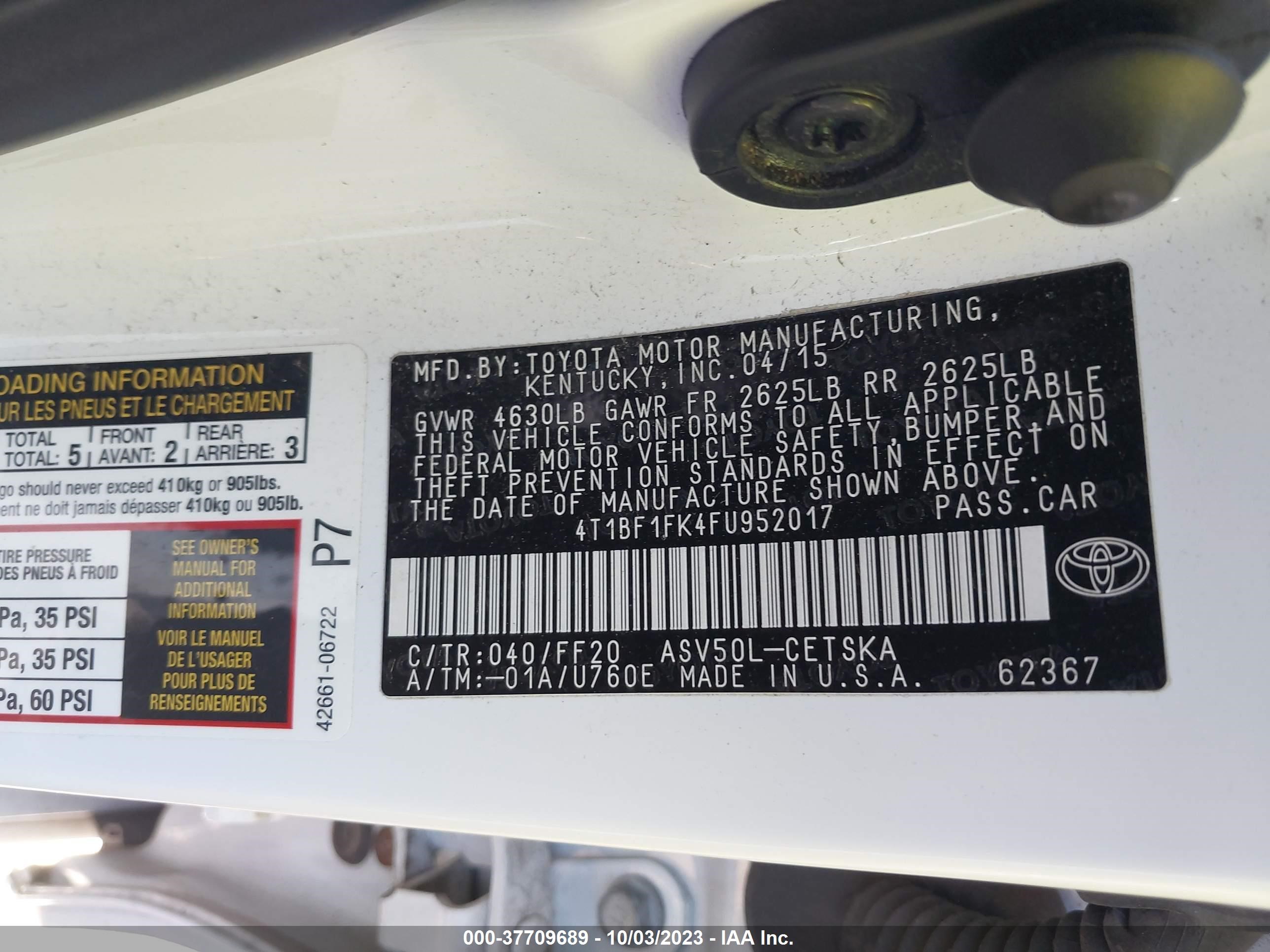 Photo 8 VIN: 4T1BF1FK4FU952017 - TOYOTA CAMRY 