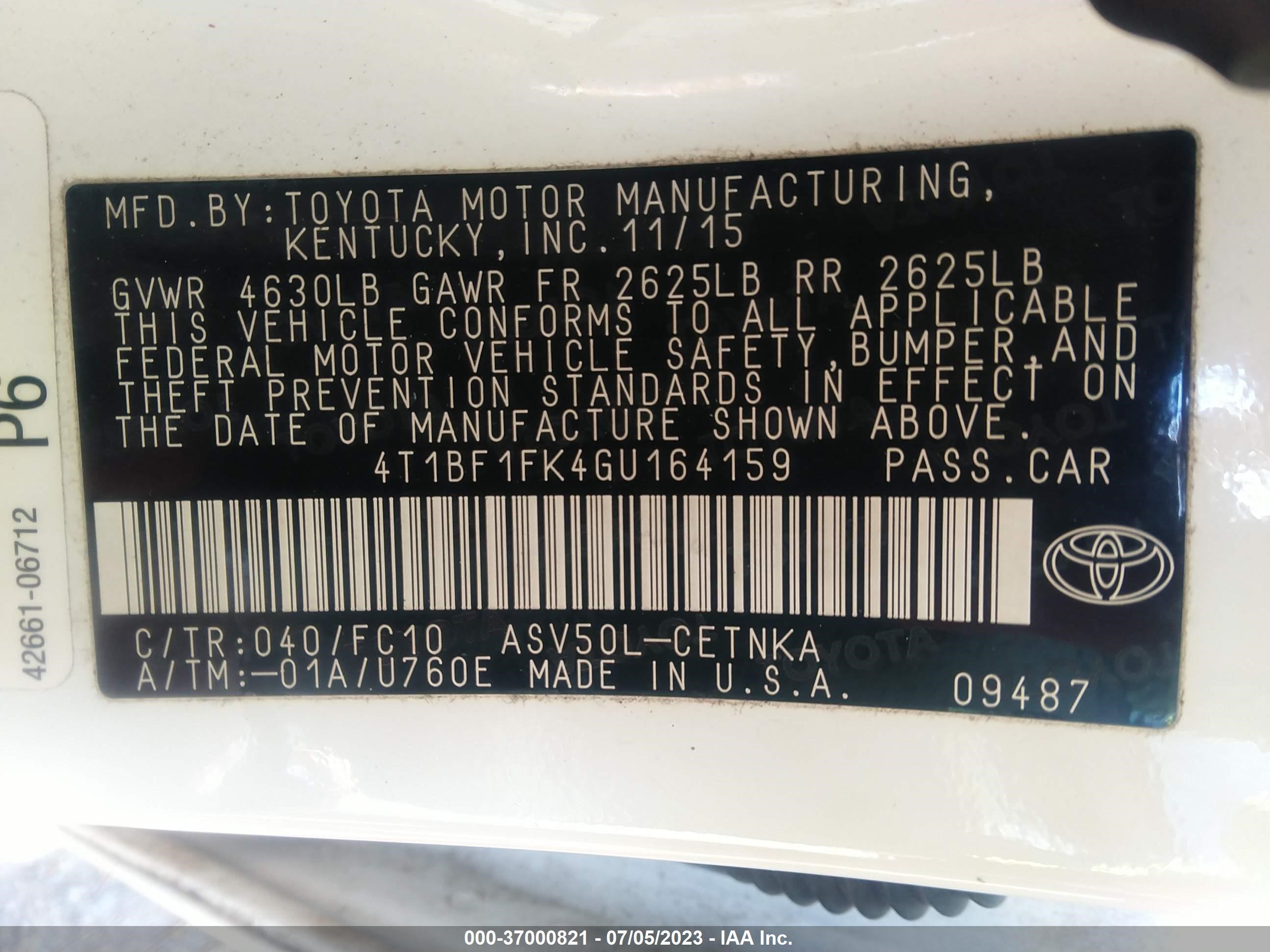 Photo 8 VIN: 4T1BF1FK4GU164159 - TOYOTA CAMRY 