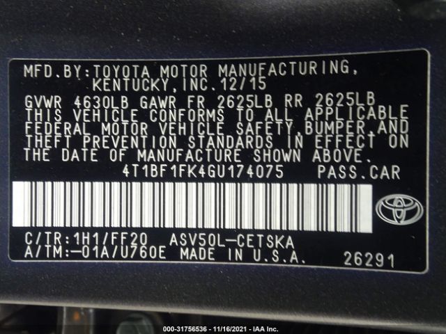 Photo 8 VIN: 4T1BF1FK4GU174075 - TOYOTA CAMRY 