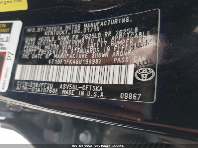 Photo 8 VIN: 4T1BF1FK4GU194987 - TOYOTA CAMRY 