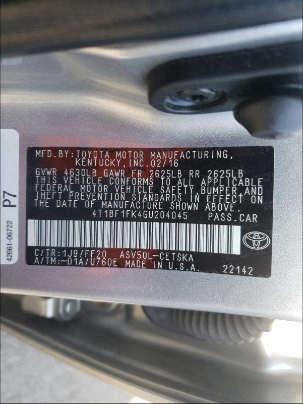 Photo 9 VIN: 4T1BF1FK4GU204045 - TOYOTA CAMRY LE 