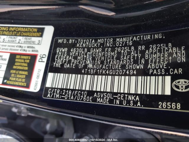 Photo 8 VIN: 4T1BF1FK4GU207494 - TOYOTA CAMRY 