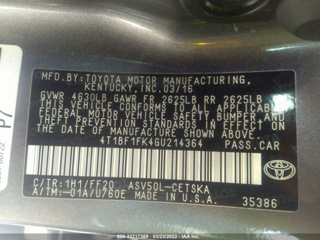 Photo 8 VIN: 4T1BF1FK4GU214364 - TOYOTA CAMRY 