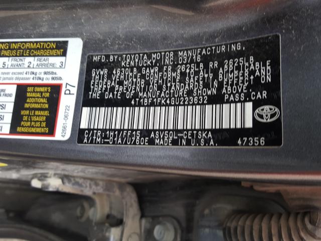 Photo 9 VIN: 4T1BF1FK4GU223632 - TOYOTA CAMRY LE 