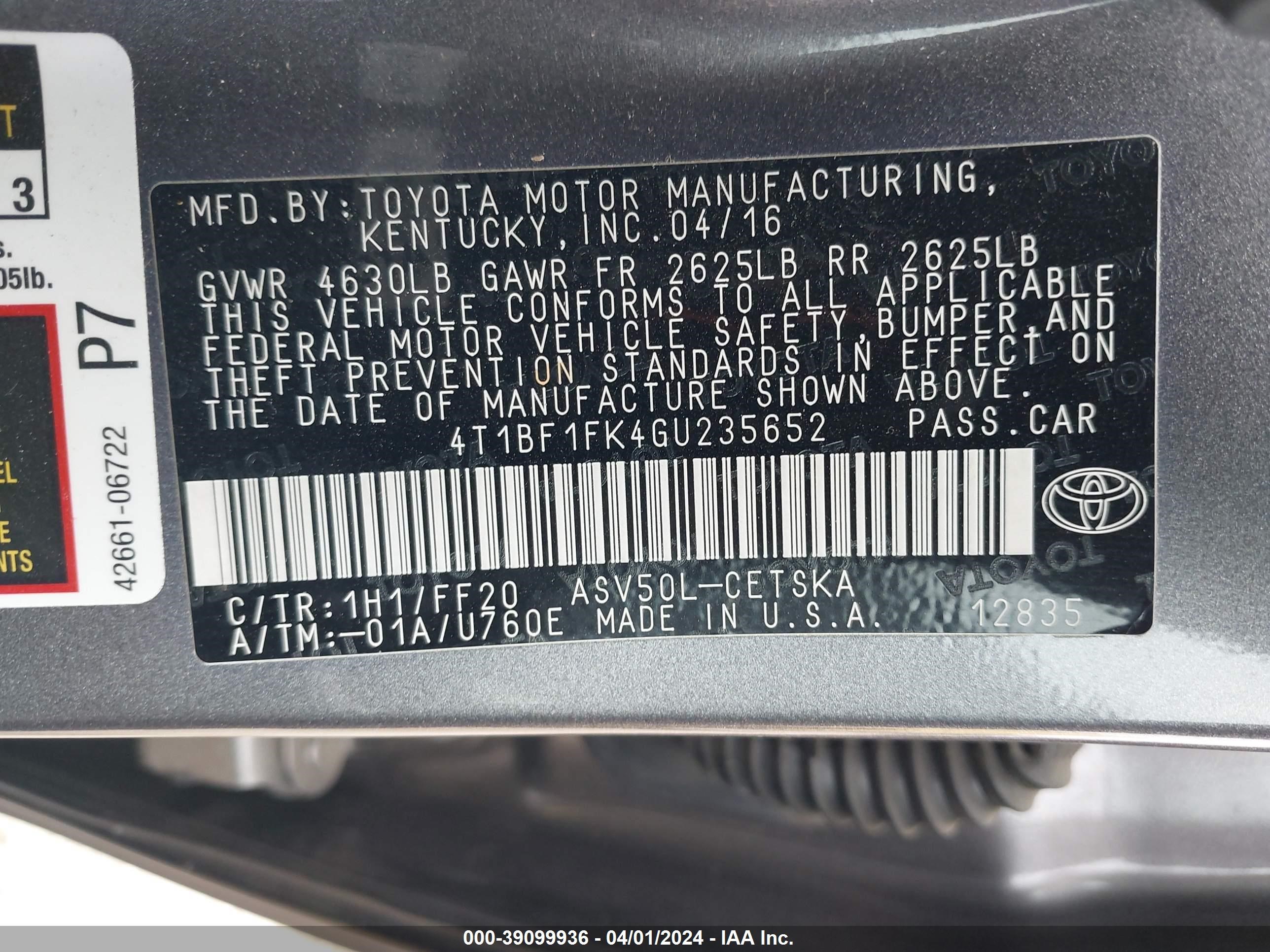 Photo 8 VIN: 4T1BF1FK4GU235652 - TOYOTA CAMRY 