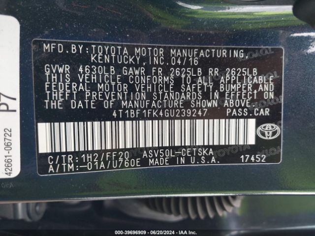 Photo 8 VIN: 4T1BF1FK4GU239247 - TOYOTA CAMRY 