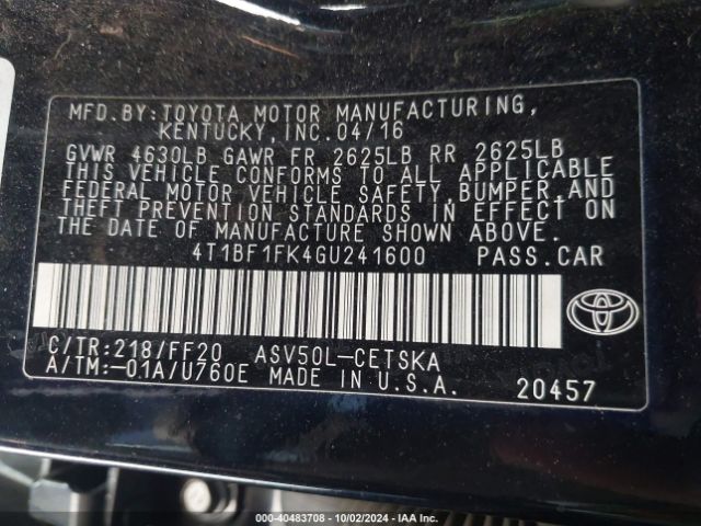 Photo 8 VIN: 4T1BF1FK4GU241600 - TOYOTA CAMRY 