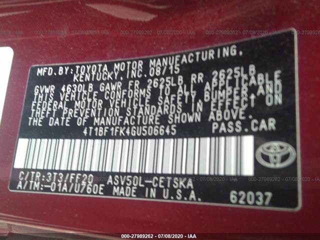 Photo 8 VIN: 4T1BF1FK4GU506645 - TOYOTA CAMRY 