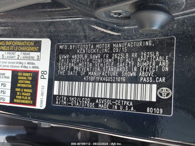 Photo 8 VIN: 4T1BF1FK4GU521016 - TOYOTA CAMRY 