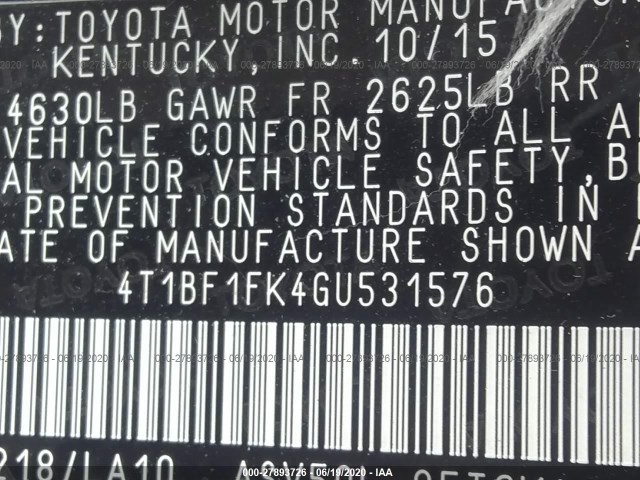 Photo 8 VIN: 4T1BF1FK4GU531576 - TOYOTA CAMRY 