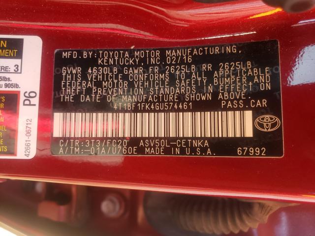 Photo 9 VIN: 4T1BF1FK4GU574461 - TOYOTA CAMRY LE 