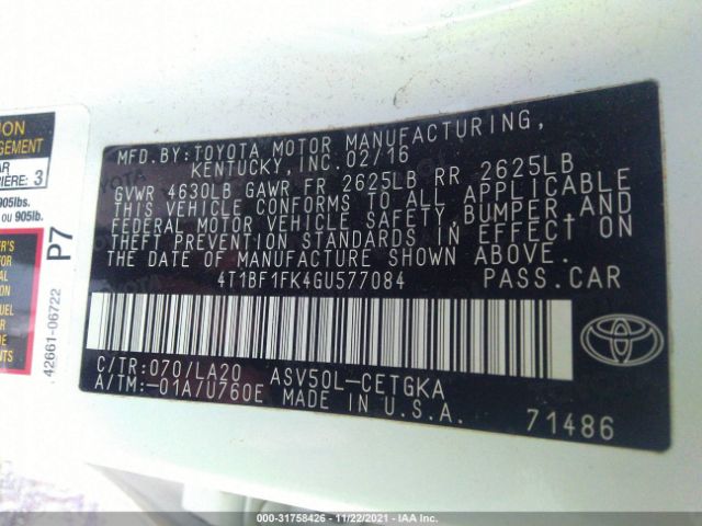 Photo 8 VIN: 4T1BF1FK4GU577084 - TOYOTA CAMRY 