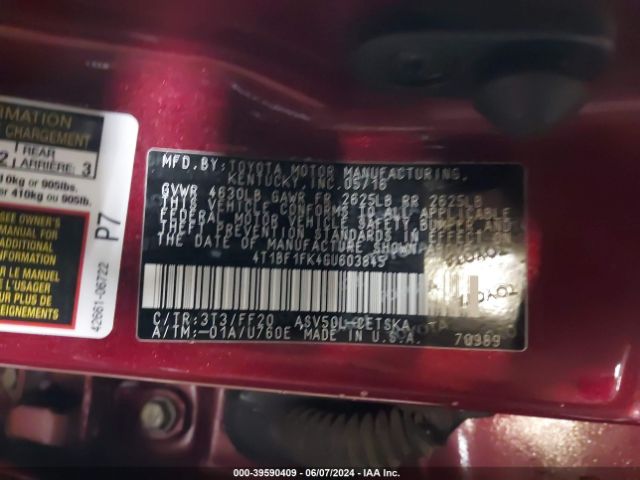 Photo 8 VIN: 4T1BF1FK4GU603845 - TOYOTA CAMRY 