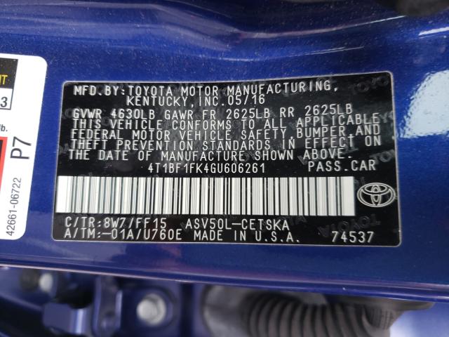 Photo 9 VIN: 4T1BF1FK4GU606261 - TOYOTA CAMRY LE 