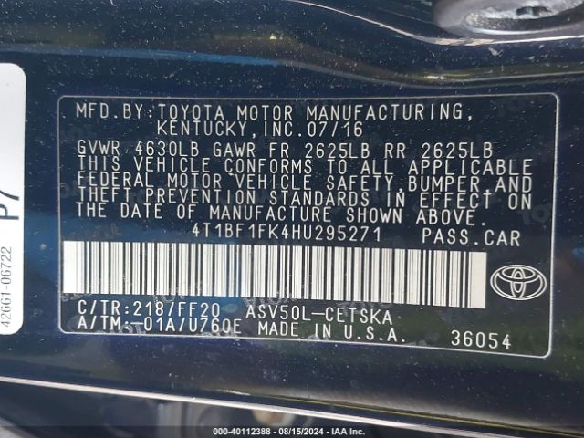 Photo 8 VIN: 4T1BF1FK4HU295271 - TOYOTA CAMRY 