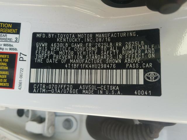 Photo 9 VIN: 4T1BF1FK4HU298476 - TOYOTA CAMRY LE 