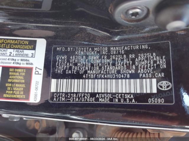 Photo 8 VIN: 4T1BF1FK4HU310478 - TOYOTA CAMRY 