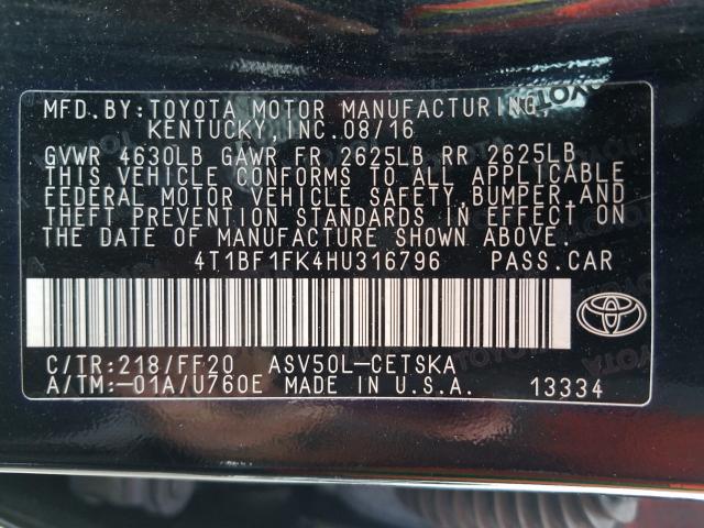 Photo 9 VIN: 4T1BF1FK4HU316796 - TOYOTA CAMRY LE 