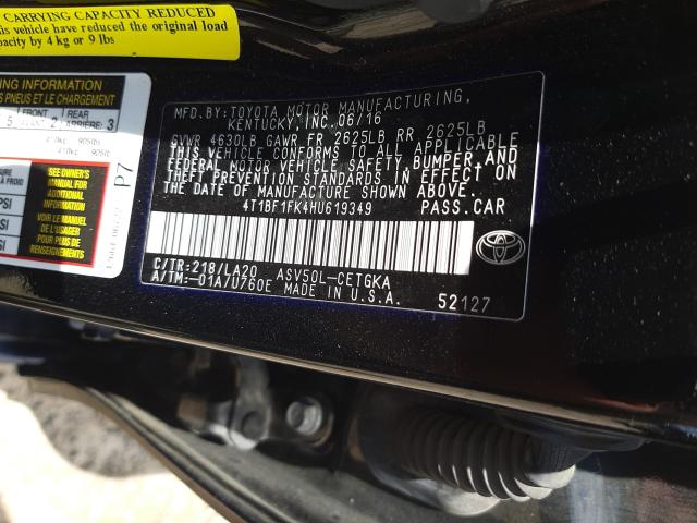 Photo 9 VIN: 4T1BF1FK4HU619349 - TOYOTA CAMRY LE 