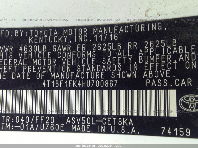 Photo 8 VIN: 4T1BF1FK4HU700867 - TOYOTA CAMRY 