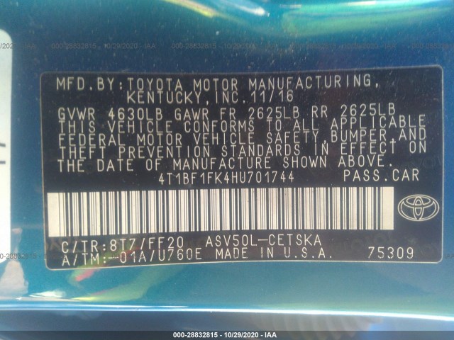 Photo 8 VIN: 4T1BF1FK4HU701744 - TOYOTA CAMRY 