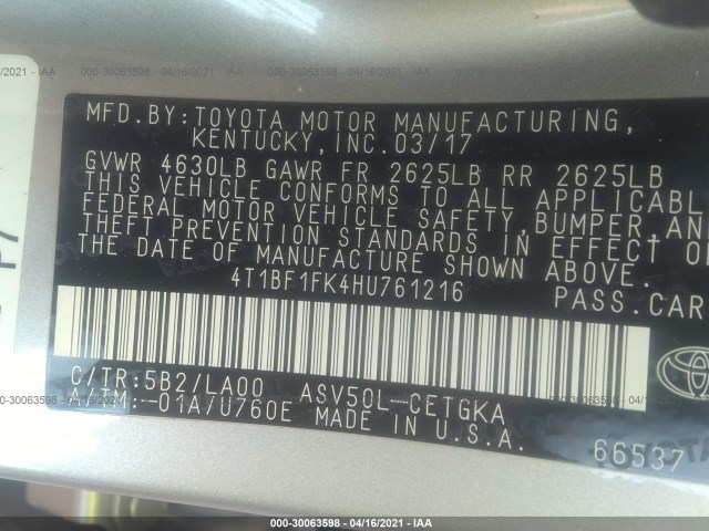 Photo 8 VIN: 4T1BF1FK4HU761216 - TOYOTA CAMRY 