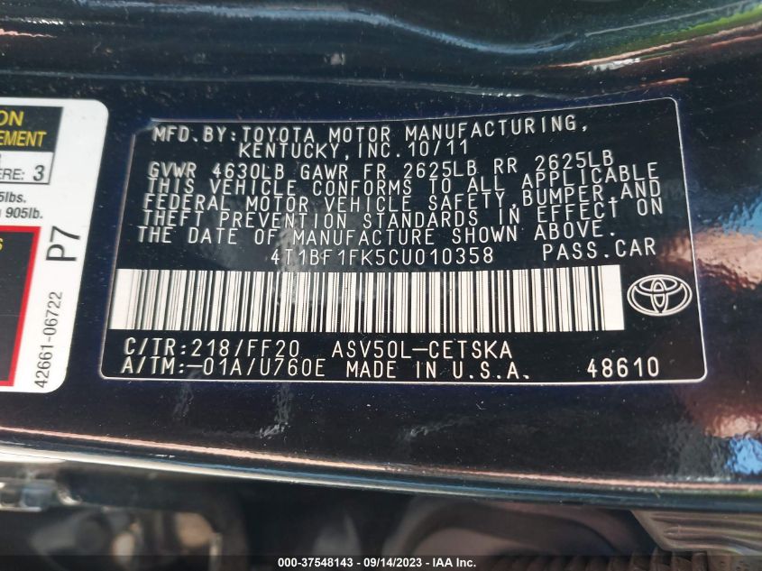 Photo 8 VIN: 4T1BF1FK5CU010358 - TOYOTA CAMRY 