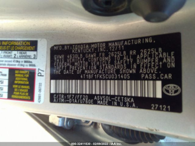 Photo 8 VIN: 4T1BF1FK5CU031405 - TOYOTA CAMRY 