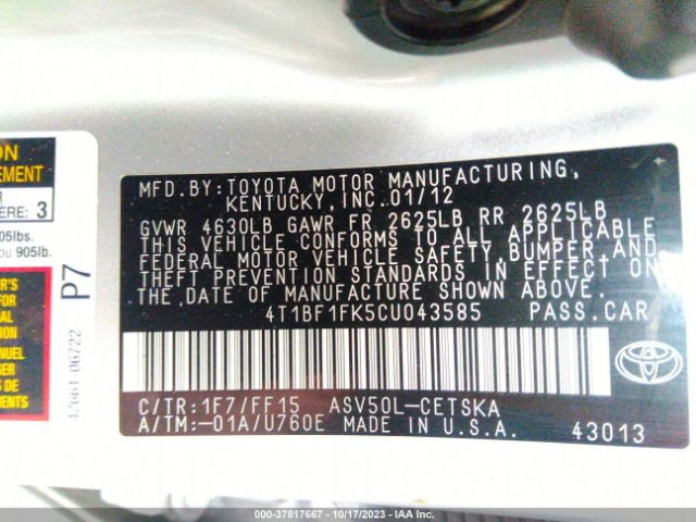 Photo 8 VIN: 4T1BF1FK5CU043585 - TOYOTA CAMRY 