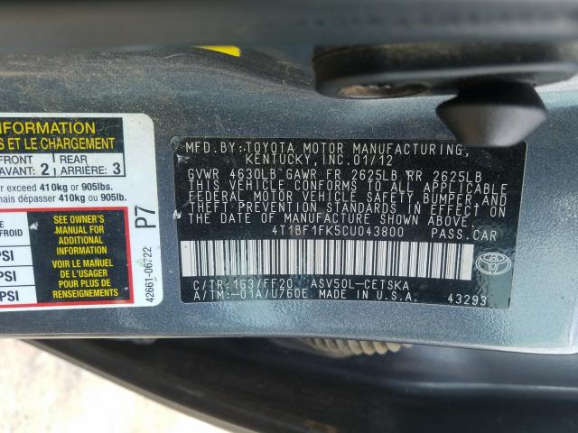 Photo 9 VIN: 4T1BF1FK5CU043800 - TOYOTA CAMRY BASE 