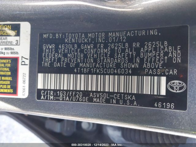 Photo 8 VIN: 4T1BF1FK5CU046034 - TOYOTA CAMRY 