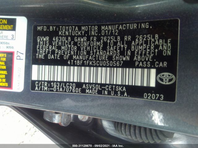 Photo 8 VIN: 4T1BF1FK5CU050567 - TOYOTA CAMRY 