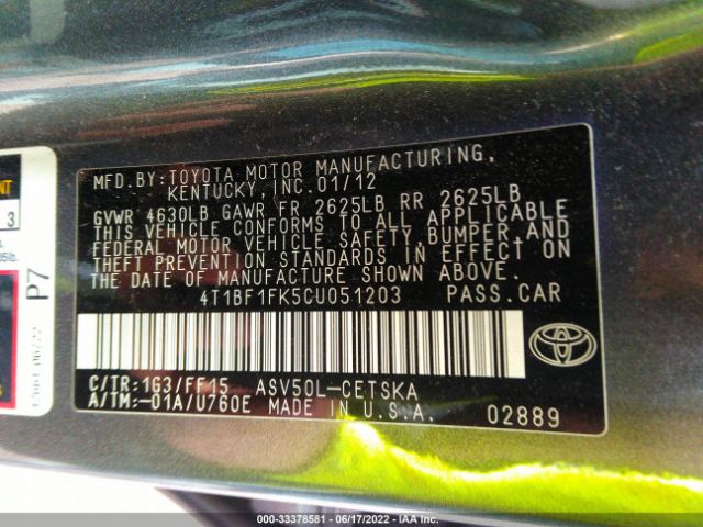 Photo 8 VIN: 4T1BF1FK5CU051203 - TOYOTA CAMRY 