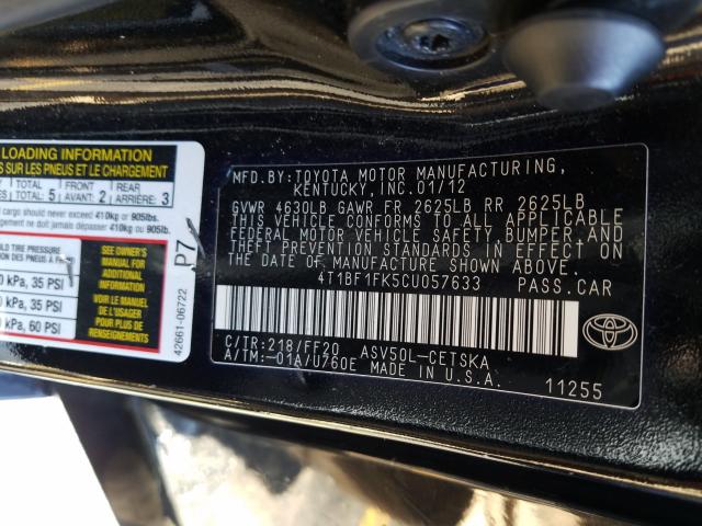 Photo 9 VIN: 4T1BF1FK5CU057633 - TOYOTA CAMRY BASE 