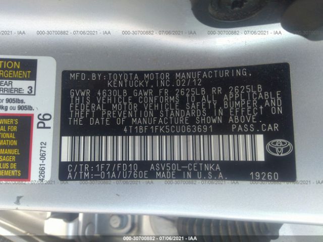 Photo 8 VIN: 4T1BF1FK5CU063691 - TOYOTA CAMRY 