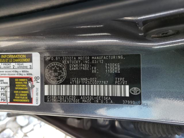 Photo 9 VIN: 4T1BF1FK5CU077767 - TOYOTA CAMRY BASE 