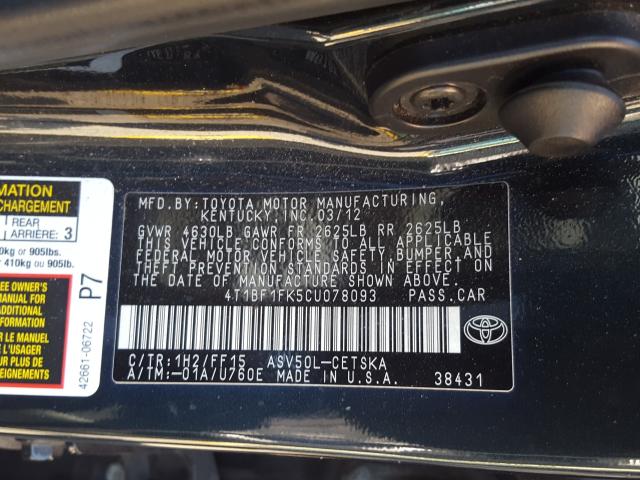 Photo 9 VIN: 4T1BF1FK5CU078093 - TOYOTA CAMRY BASE 