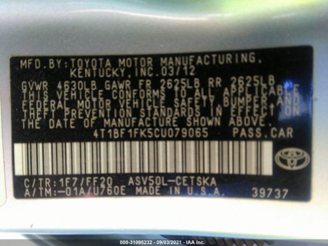 Photo 8 VIN: 4T1BF1FK5CU079065 - TOYOTA CAMRY 