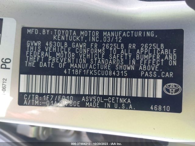 Photo 8 VIN: 4T1BF1FK5CU084315 - TOYOTA CAMRY 