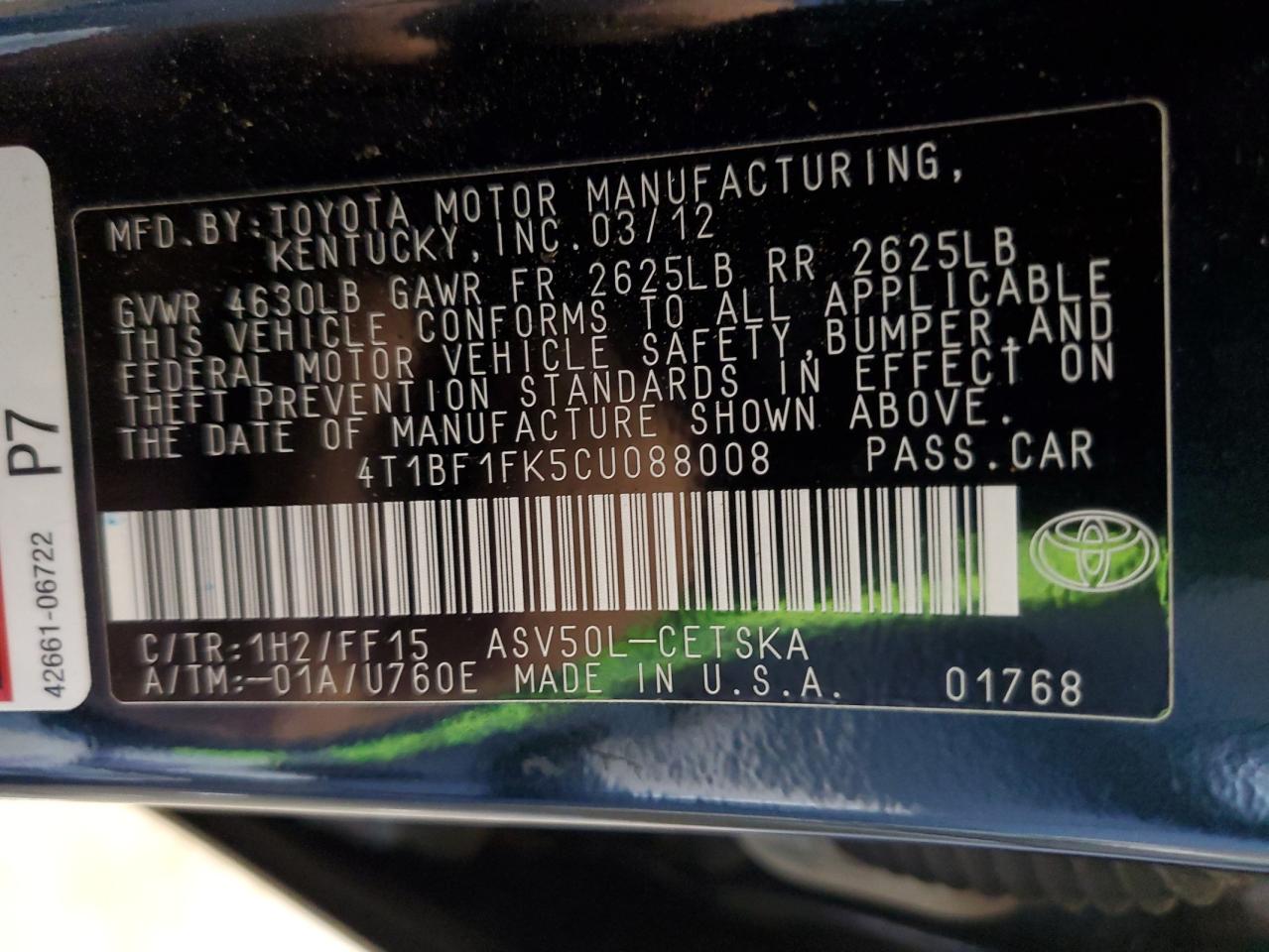 Photo 11 VIN: 4T1BF1FK5CU088008 - TOYOTA CAMRY 