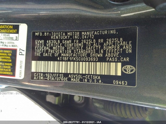 Photo 8 VIN: 4T1BF1FK5CU093693 - TOYOTA CAMRY 